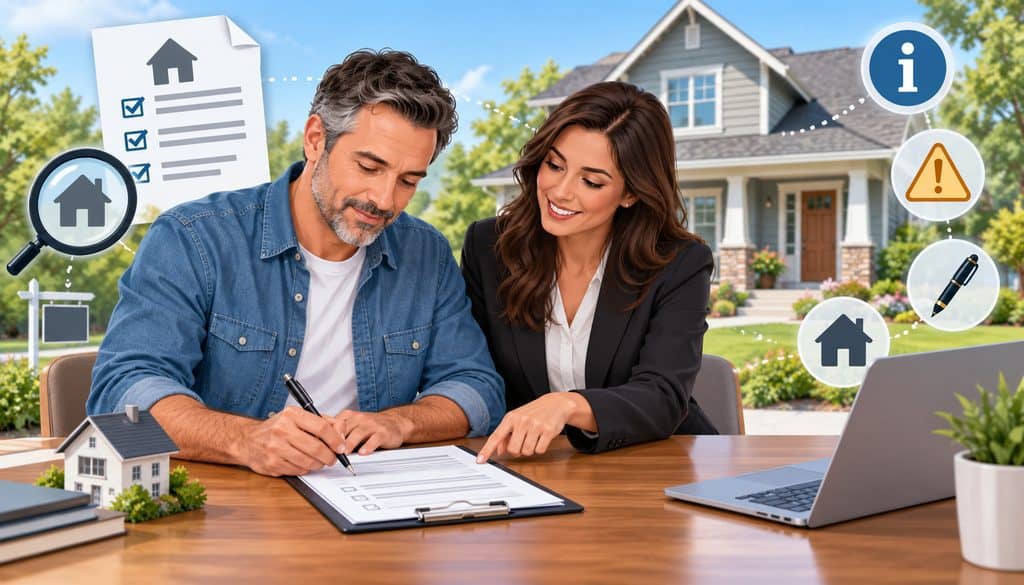 Seller completing a property condition disclosure report with a real estate agent